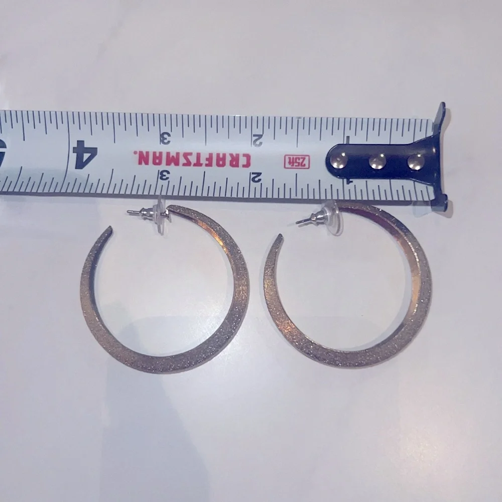 Gold sparkle textured hoops stud backing earrings open hoop 1.75” womens jewelry